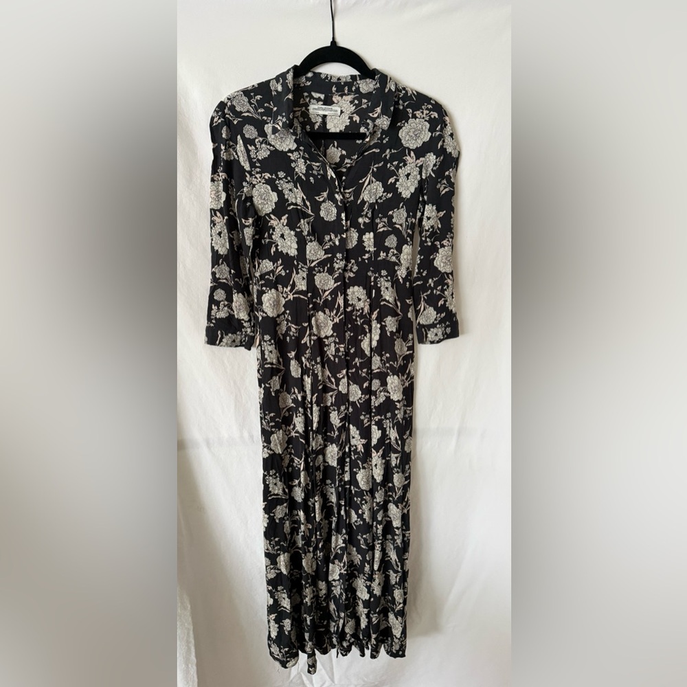 ZARA Woman Black Floral Midi Dress 3/4 Sleeve Button Front Size XS